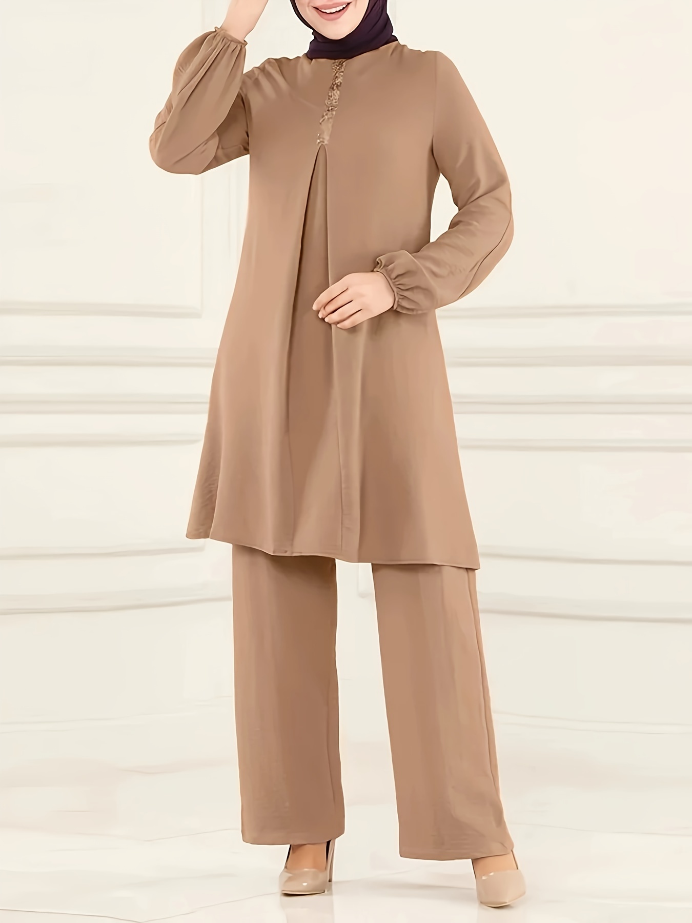 Ramadan Elegant Solid Muslim Two-piece Set, Long Sleeve Crew Neck Top & Straight Leg Pants Outfits, Women's Clothing - Image 5