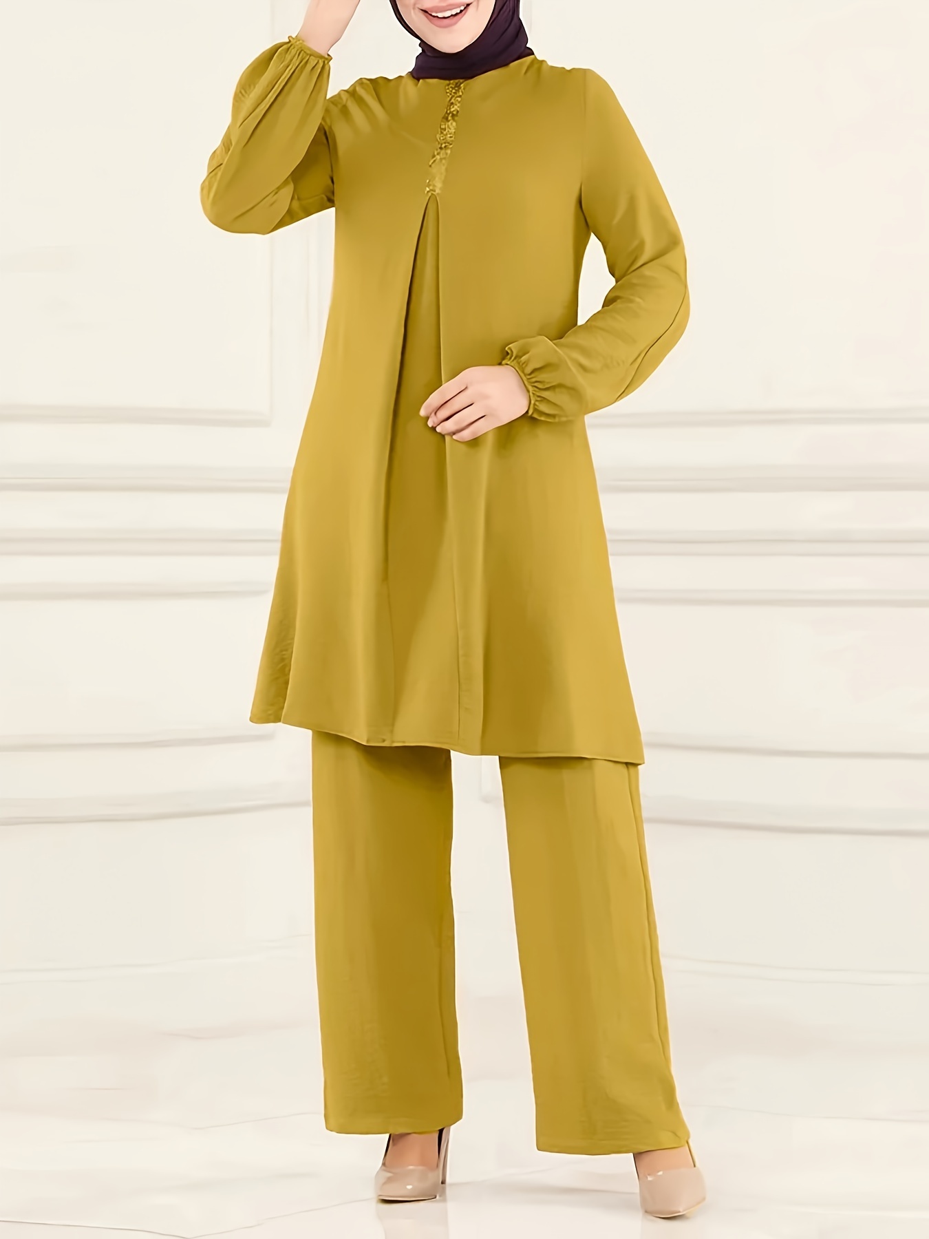 Ramadan Elegant Solid Muslim Two-piece Set, Long Sleeve Crew Neck Top & Straight Leg Pants Outfits, Women's Clothing - Image 3