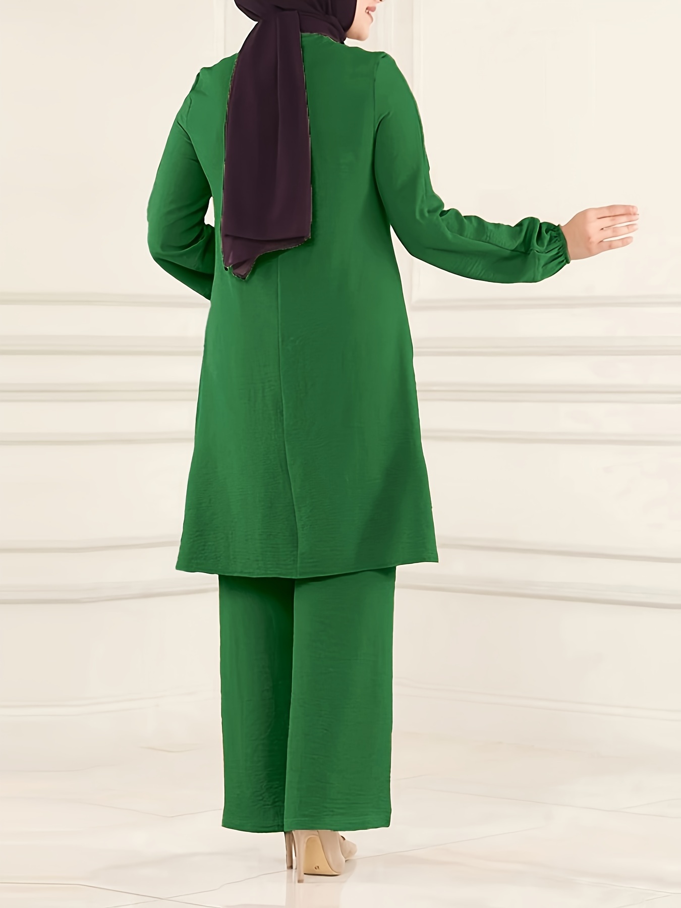 Ramadan Elegant Solid Muslim Two-piece Set, Long Sleeve Crew Neck Top & Straight Leg Pants Outfits, Women's Clothing - Image 8