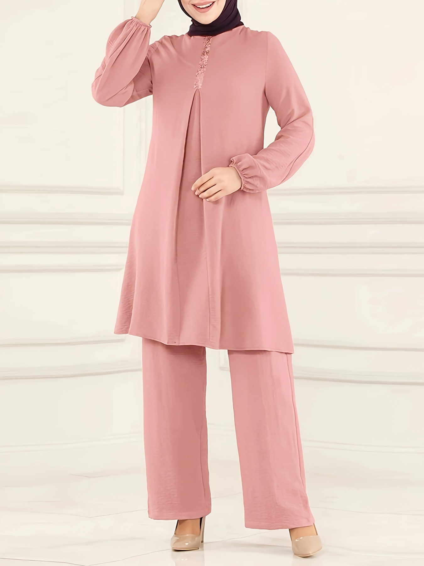 Ramadan Elegant Solid Muslim Two-piece Set, Long Sleeve Crew Neck Top & Straight Leg Pants Outfits, Women's Clothing - Image 6