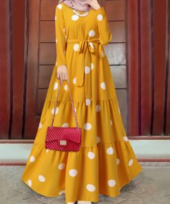 Flowing Garment| Elegant Red Polka Dot Abaya with Tie Waist - Long Sleeve, Round Neck, Ruffled Hem Maxi Dress for Women - 100% Polyester, Machine Washable - Ideal for Spring/Summer/Fall Events, Abaya Dress Fancy