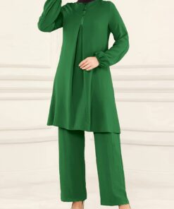 Alternative view of Ramadan Elegant Solid Muslim Two-piece Set, Long Sleeve Crew Neck Top & Straight Leg Pants Outfits, Women's Clothing
