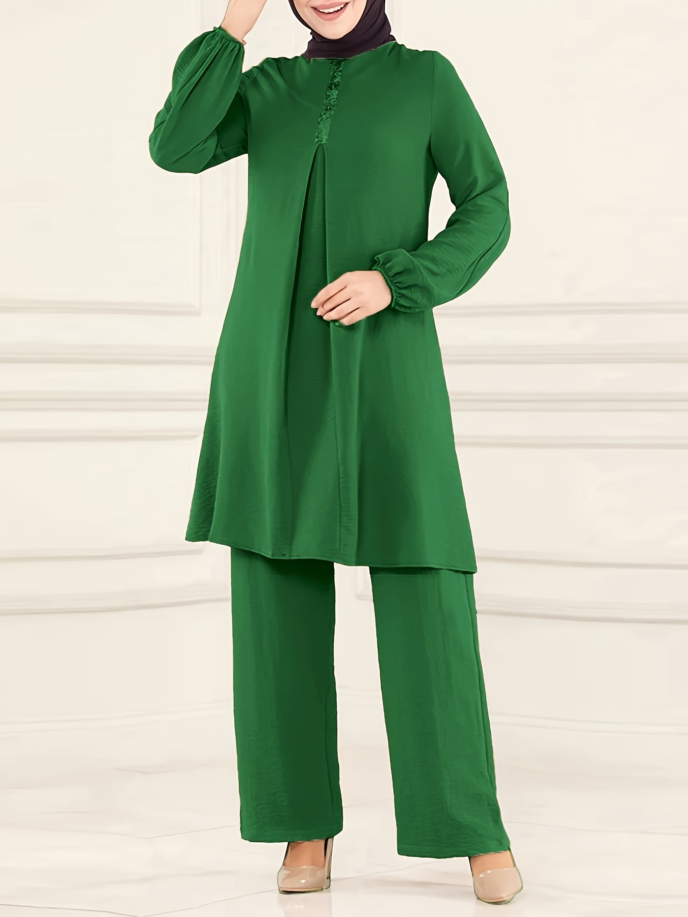 Ramadan Elegant Solid Muslim Two-piece Set, Long Sleeve Crew Neck Top & Straight Leg Pants Outfits, Women's Clothing - Image 2