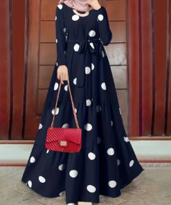 Alternative view of Flowing Garment| Elegant Red Polka Dot Abaya with Tie Waist - Long Sleeve, Round Neck, Ruffled Hem Maxi Dress for Women - 100% Polyester, Machine Washable - Ideal for Spring/Summer/Fall Events, Abaya Dress Fancy