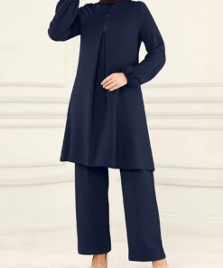 Ramadan Elegant Solid Muslim Two-piece Set, Long Sleeve Crew Neck Top & Straight Leg Pants Outfits, Women's Clothing