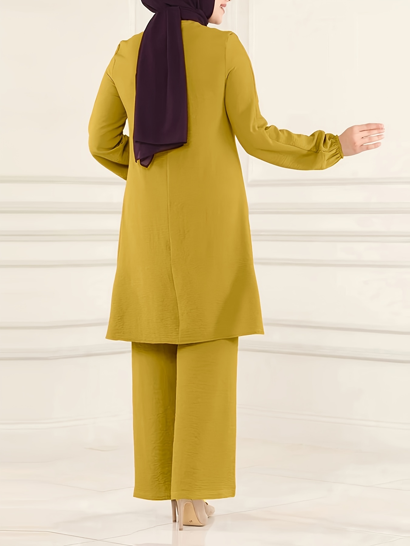 Ramadan Elegant Solid Muslim Two-piece Set, Long Sleeve Crew Neck Top & Straight Leg Pants Outfits, Women's Clothing - Image 9
