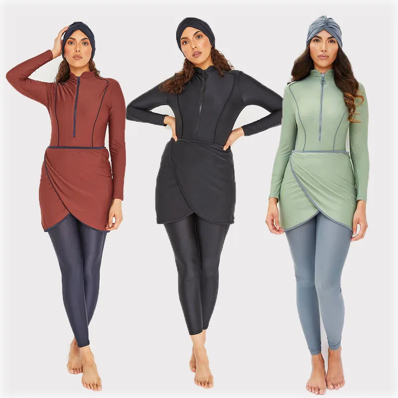 3-Piece Plain Modest Burkini Set | Full Cover Islamic Swimwear with Long Sleeve Top, Pants & Hijab - Image 2