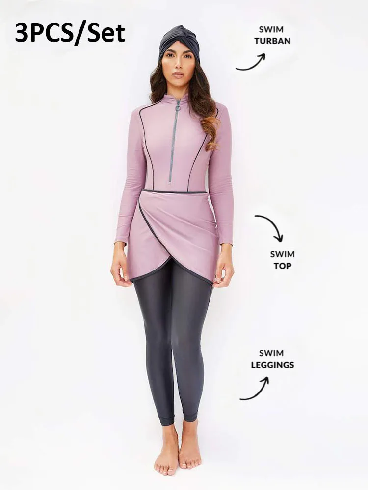 3-Piece Plain Modest Burkini Set | Full Cover Islamic Swimwear with Long Sleeve Top, Pants & Hijab - Image 4