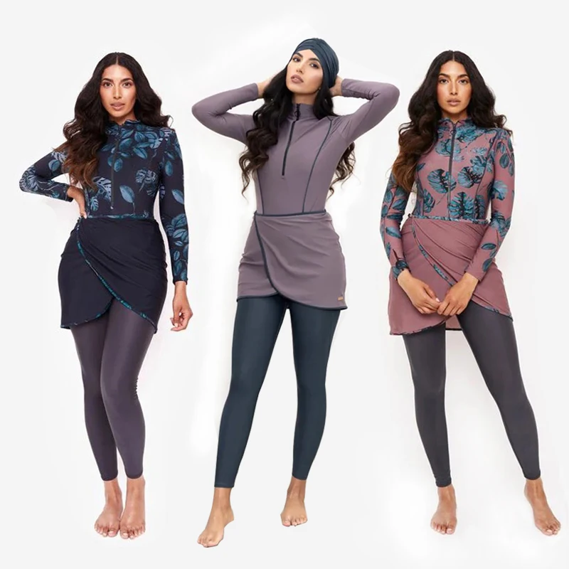 3-Piece Plain Modest Burkini Set | Full Cover Islamic Swimwear with Long Sleeve Top, Pants & Hijab